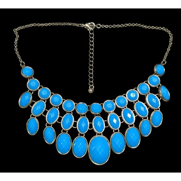 Whimsical Fantasy Blue Faceted Gemmed Bib Necklace - Picture 1 of 5
